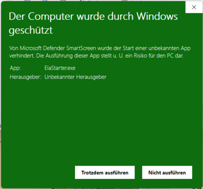Screenshot des ElaStarter mit Statusanzeige und Buttons